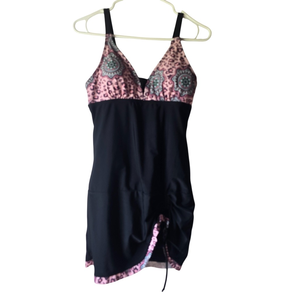 Swimdress Women M‎ Black Pink Leopard Boho Paisley One Piece Swimsuit Skirted